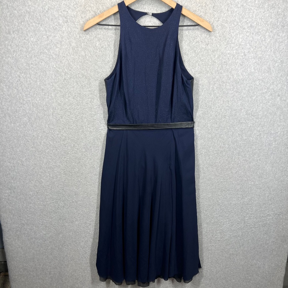 Monika Chiang Silk Leather Trim Halter Dress Womens 08 Navy Blue‎ Open Back EUC